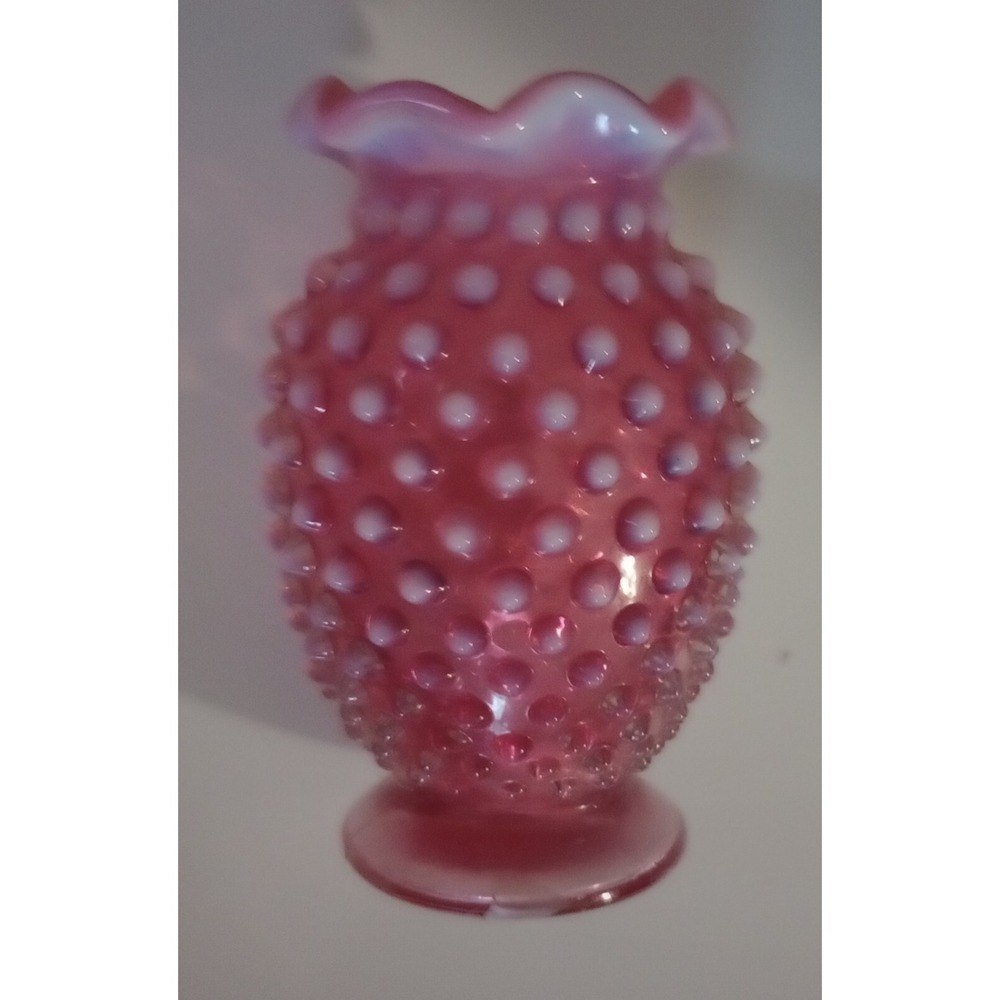 Fenton Cranberry Opalescent Glass Hobnail Crimped Vase Antique Vintage 4in